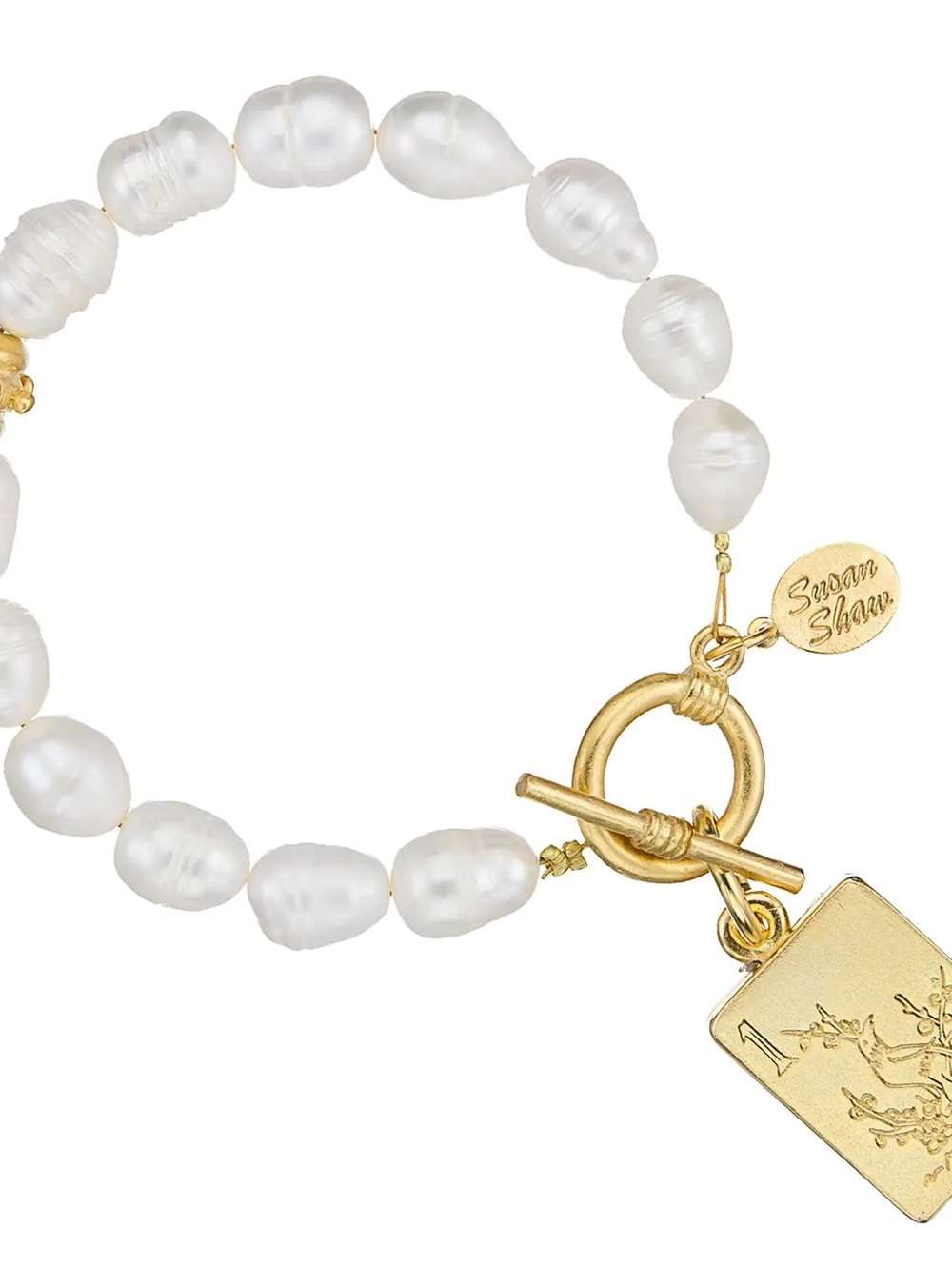 White Pearl Bracelet with Bird Bam tile Gold Toggle